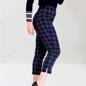 Hell Bunny Pebbles Cigarette Trousers, Navy Tartan, Size S, UK 10,